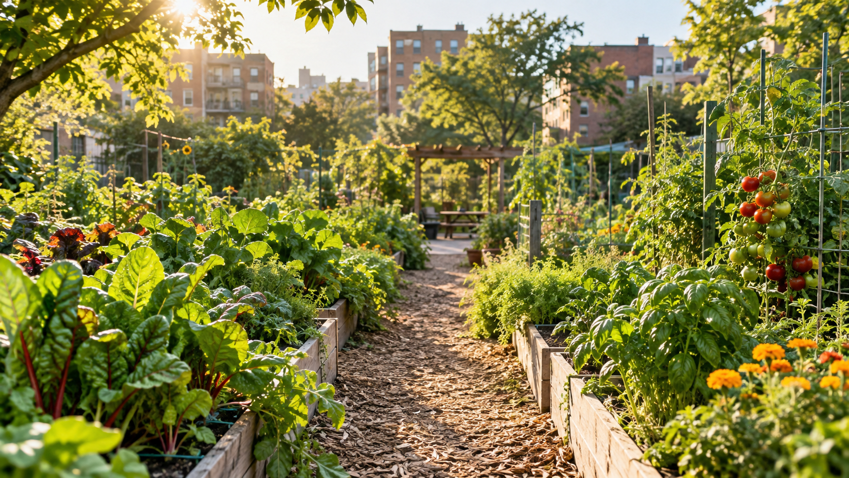 Sunlit community garden among city buildings
